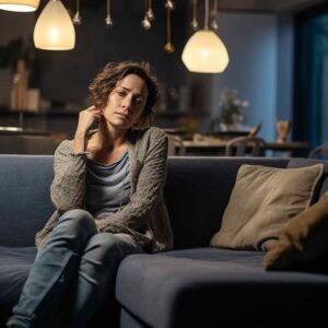 A thoughtful woman sits on a blue couch, resting her head on her hand, in a dimly lit living room with pendant lights, conveying a pensive mood.