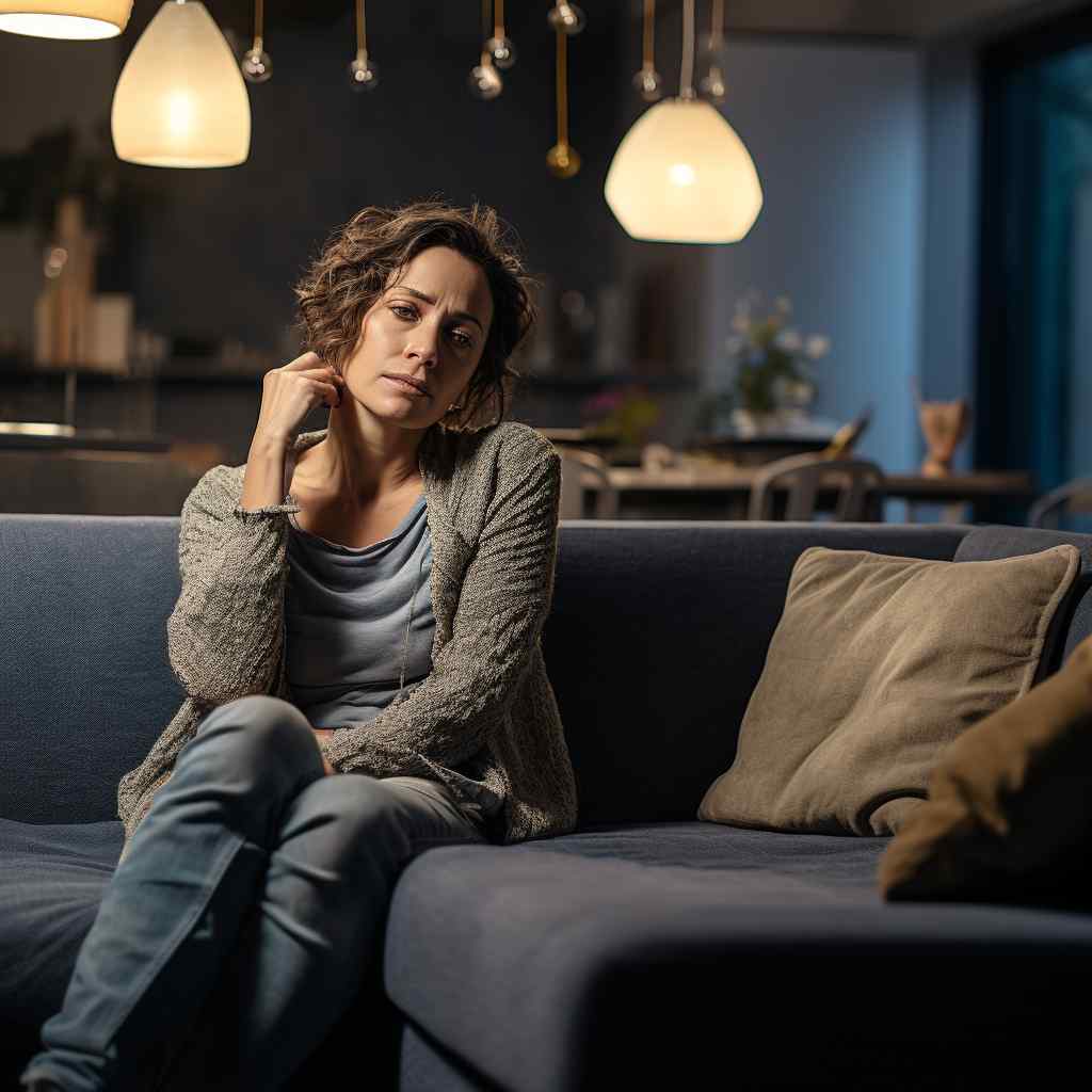 A thoughtful woman sits on a blue couch, resting her head on her hand, in a dimly lit living room with pendant lights, conveying a pensive mood.