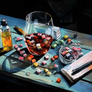A glass of whiskey holds colorful pills on a blue wooden table with a small dish of pills, a notepad, a pencil, and a vial. The mood is chaotic.