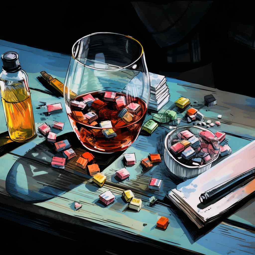 A glass of whiskey holds colorful pills on a blue wooden table with a small dish of pills, a notepad, a pencil, and a vial. The mood is chaotic.