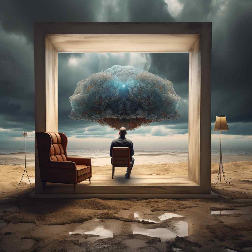 A person sits in a wooden frame on a sandy beach, facing a surreal floating cloud. Beside them are an armchair and a lamp, under a dramatic sky. Dreamlike and contemplative.
