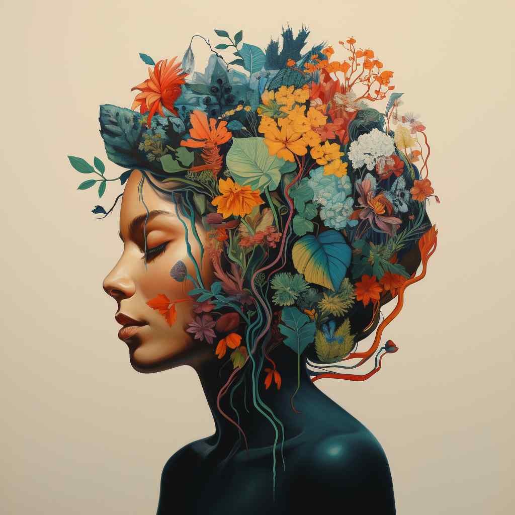 A serene profile of a woman's face with her eyes closed, her hair transformed into a vibrant mix of flowers and foliage. The image conveys harmony with nature.