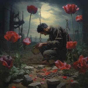 A somber scene depicts a kneeling man in chains, surrounded by vibrant red poppies under a moonlit sky. The mood is melancholic and introspective.
