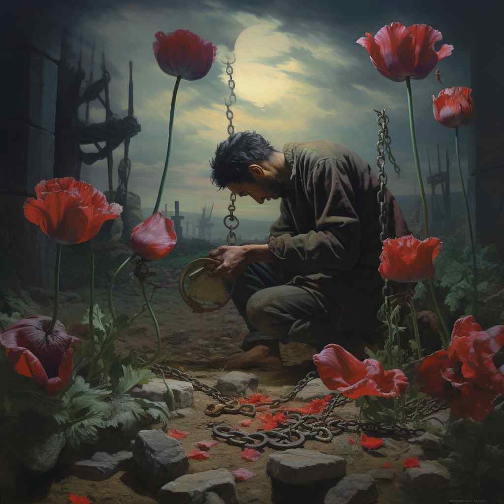 A somber scene depicts a kneeling man in chains, surrounded by vibrant red poppies under a moonlit sky. The mood is melancholic and introspective.