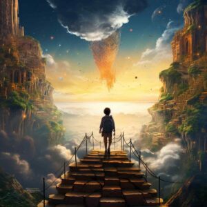 A child with a backpack stands on a stone bridge between lush canyon walls, gazing at a glowing, floating city above the clouds at sunrise. Dreamlike and adventurous.