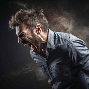 A man in a blue shirt is screaming intensely against a dark, smoky background. His expression conveys extreme anger and emotion.