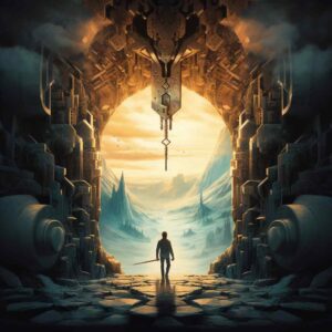 A lone figure with a sword stands at the entrance of a futuristic, mechanical archway, overlooking a vast icy landscape under a glowing sky. Mystical and adventurous.