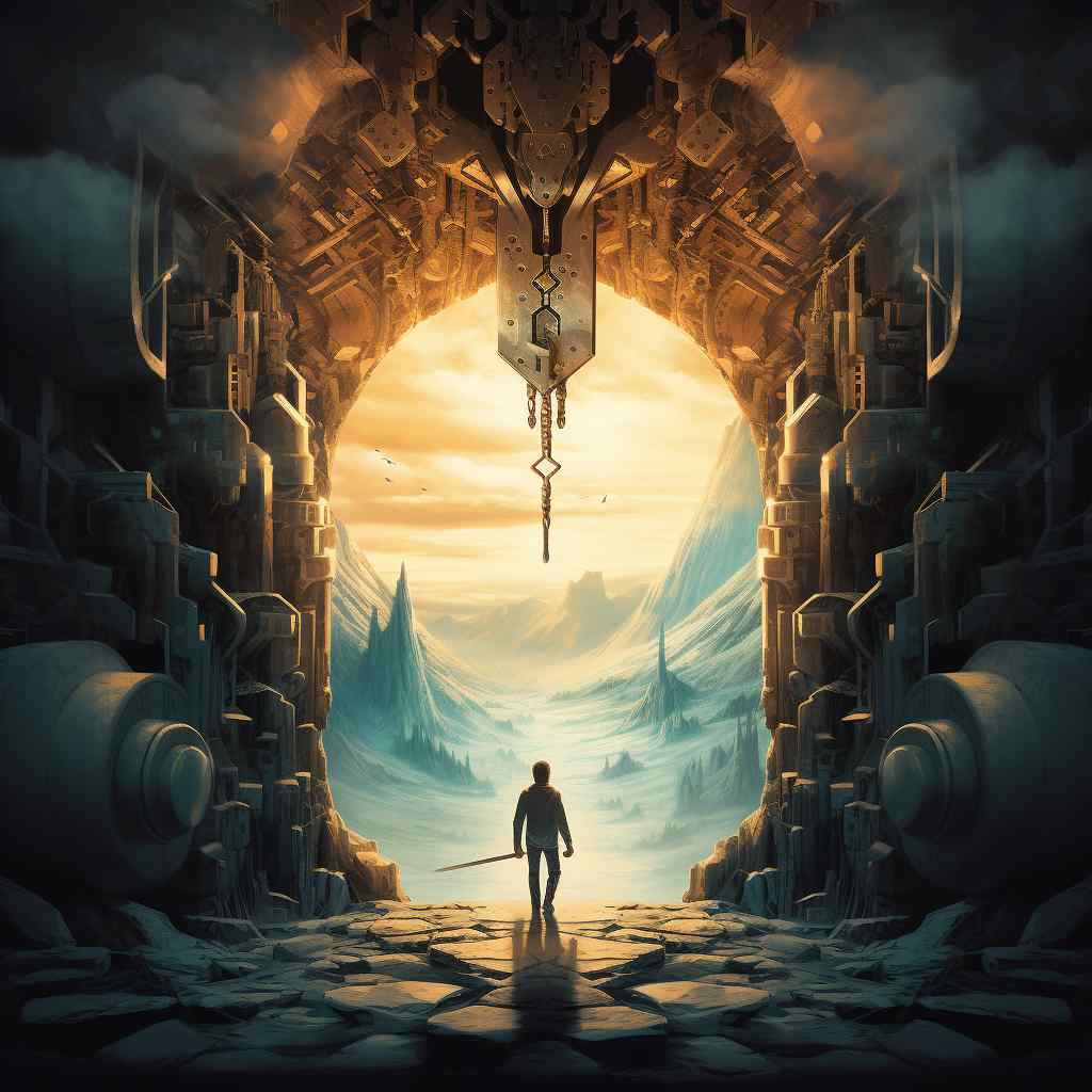 A lone figure with a sword stands at the entrance of a futuristic, mechanical archway, overlooking a vast icy landscape under a glowing sky. Mystical and adventurous.