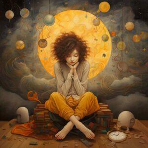 A young woman with curly hair sits cross-legged on stacked books, surrounded by floating planets and a glowing sun. The scene is dreamy and introspective.