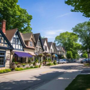 Charming village street lined with quaint Tudor-style shops under a clear blue sky. Lush trees and parked cars enhance the picturesque, serene scene.