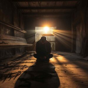 A solitary figure sits in a dimly lit room, head bowed, as sun rays pierce through wooden slats, casting dramatic shadows and highlighting chains on the floor.