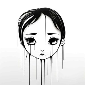 A grayscale drawing of a sad anime-style girl with large eyes and flowing hair. Black lines drip from her eyes, creating a melancholic, surreal effect.