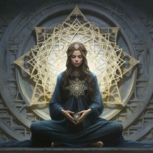 A woman in a blue gown sits cross-legged before a glowing geometric mandala. She holds a star-like object, exuding a serene, mystical aura.