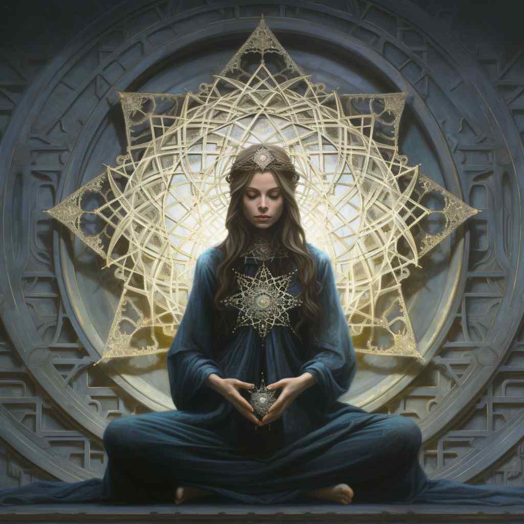 A woman in a blue gown sits cross-legged before a glowing geometric mandala. She holds a star-like object, exuding a serene, mystical aura.