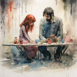 A watercolor painting of a father and daughter sitting at a table engaged in painting. The scene is warm, with soft colors and a sense of creativity.