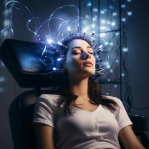 Woman in a white shirt, eyes closed, wears a headpiece with glowing blue lights and wires, seated in a dark room, conveying a futuristic, calm mood.