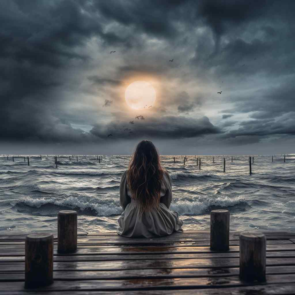 A woman sits on a wooden dock facing a stormy sea under a cloudy sky. The large sun is partially obscured by clouds. The scene feels contemplative.