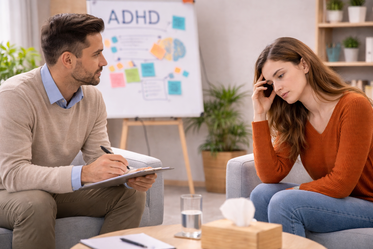 Adult discussing ADHD symptoms with a therapist during an individual counseling session.