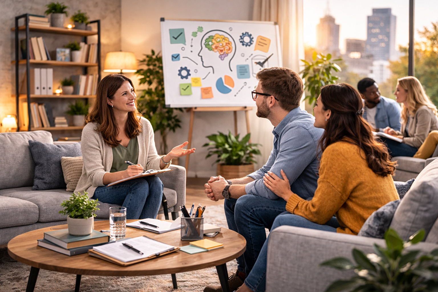 Adults participating in a structured ADHD-focused group therapy session in Columbus, Ohio.