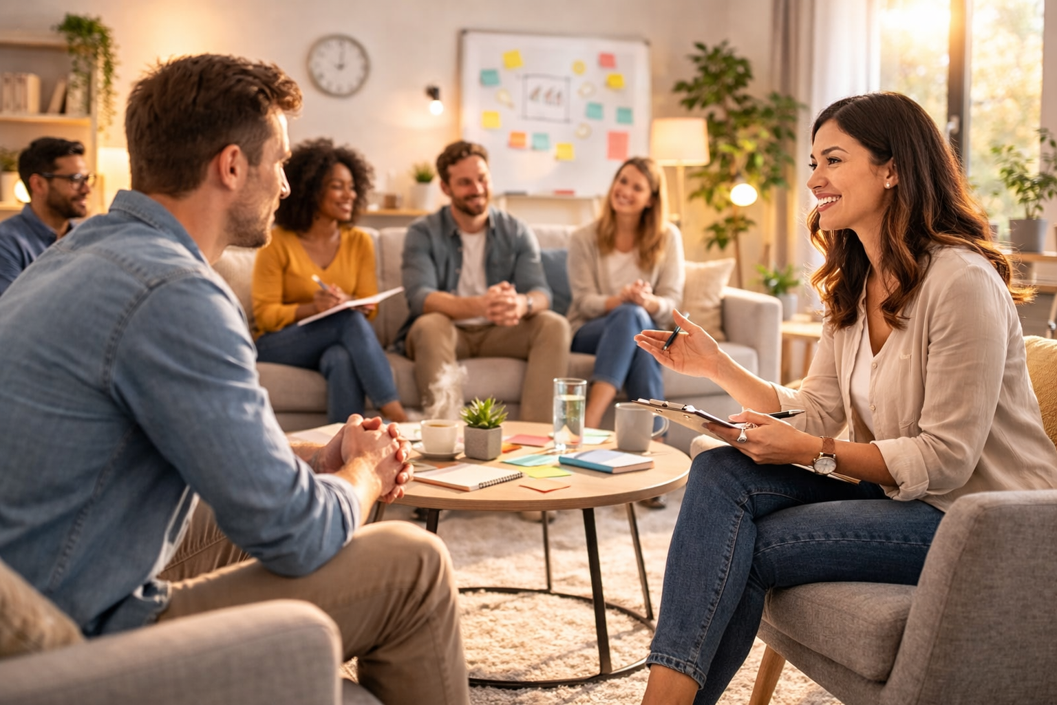 Adults participating in a structured group therapy session as part of an intensive outpatient mental health program in Columbus.