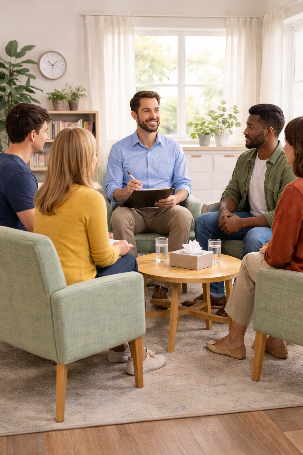Adults participating in a structured outpatient group therapy session with a licensed therapist in a bright, modern counseling office in Columbus.