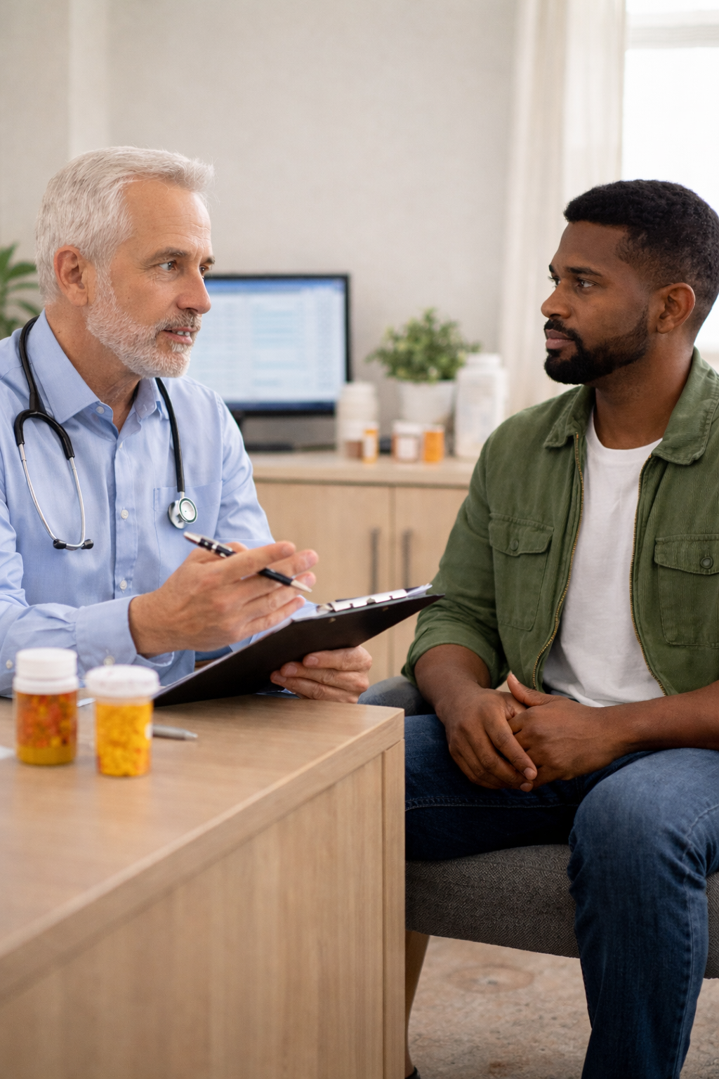 Psychiatrist reviewing medication plan with an adult patient during an outpatient mental health appointment.
