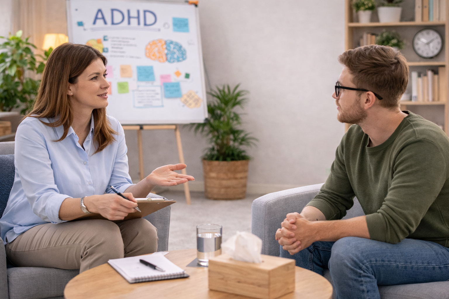 Therapist explaining structured ADHD treatment plan during an individual counseling session.