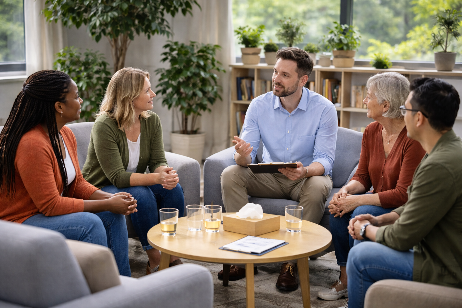 Therapist leading intensive daytime mental health treatment session in a partial hospitalization program